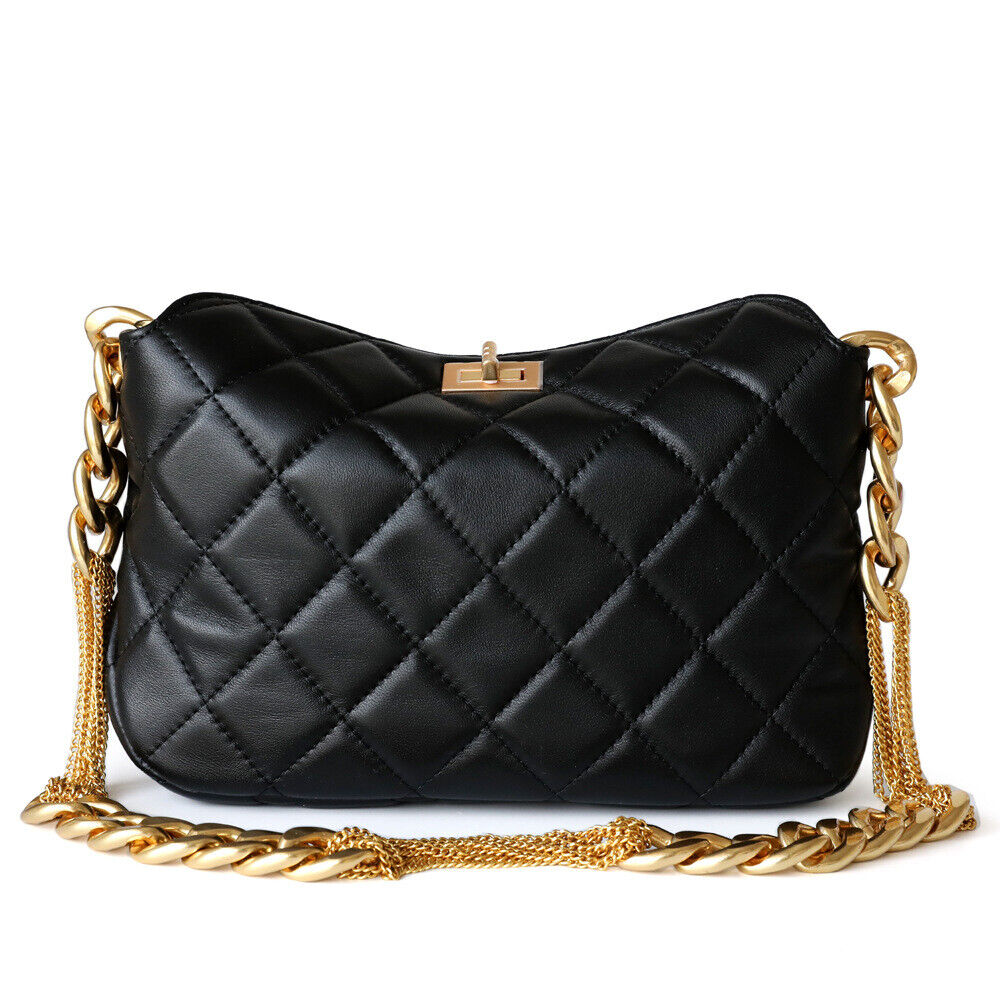 Small Quilted Sheepskin Leather Shoulder Bag Clutch Purse w/ Chain Strap Fashion