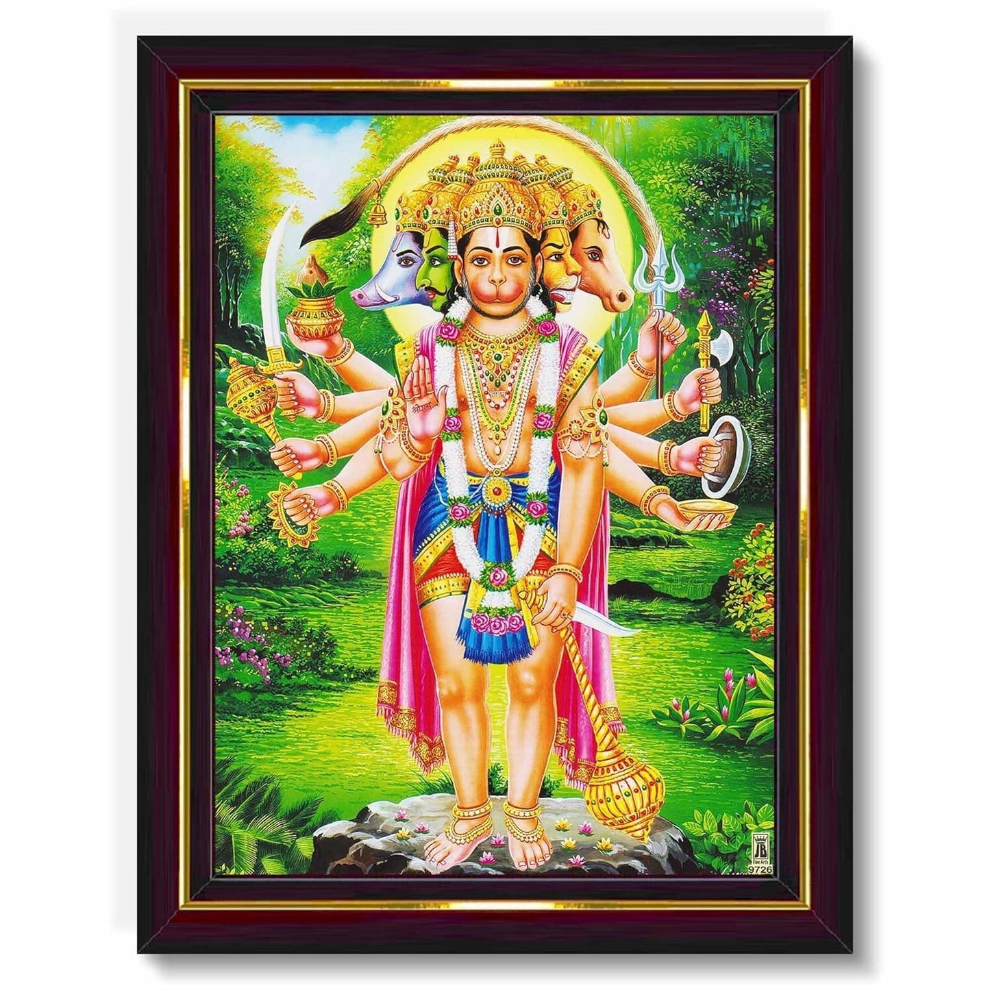 Lord Panchmukhi Hanuman HD Printed Religious Picture With Wooden Frame