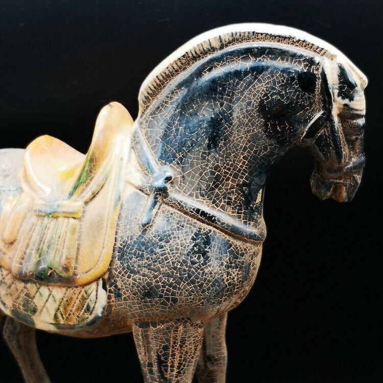 Chinese 8.2 Inch Tang Tri-Color Glazed Ceramics Black War Horse Porcelain Statue