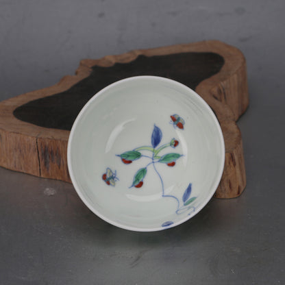 3.1" Chinese Ming Doucai Contrasting Colors Porcelain Green Glaze Flower Cup