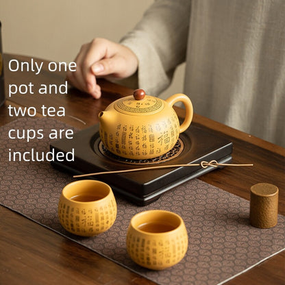 One Pot + Two Cup Handmade Xishi Pot Marked Matching Tea Cup Pot Zisha Duan Clay