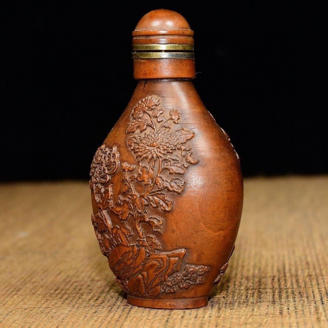 Hand Carved Boxwood Snuff Bottle Plum Blossom Pattern Wooden Collectible 7.5cm