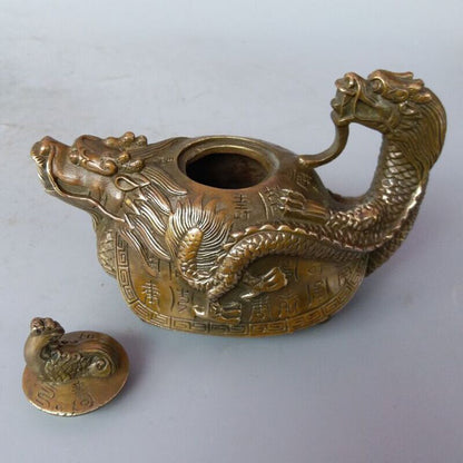 Rare Oriental copper Signed carved Dragon Teapot Statues