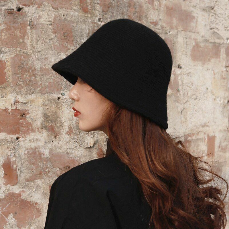 Women's Bucket Hat Warm Winter Teens Felt Wool Fur Black Cap Solid Multifunction