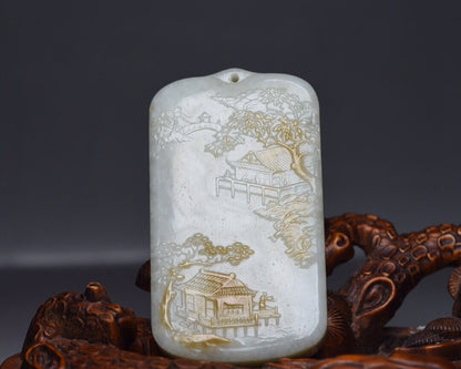 Chinese Natural Hetian Jade Carved Landscape Statues Exquisite Pendant Jewelry