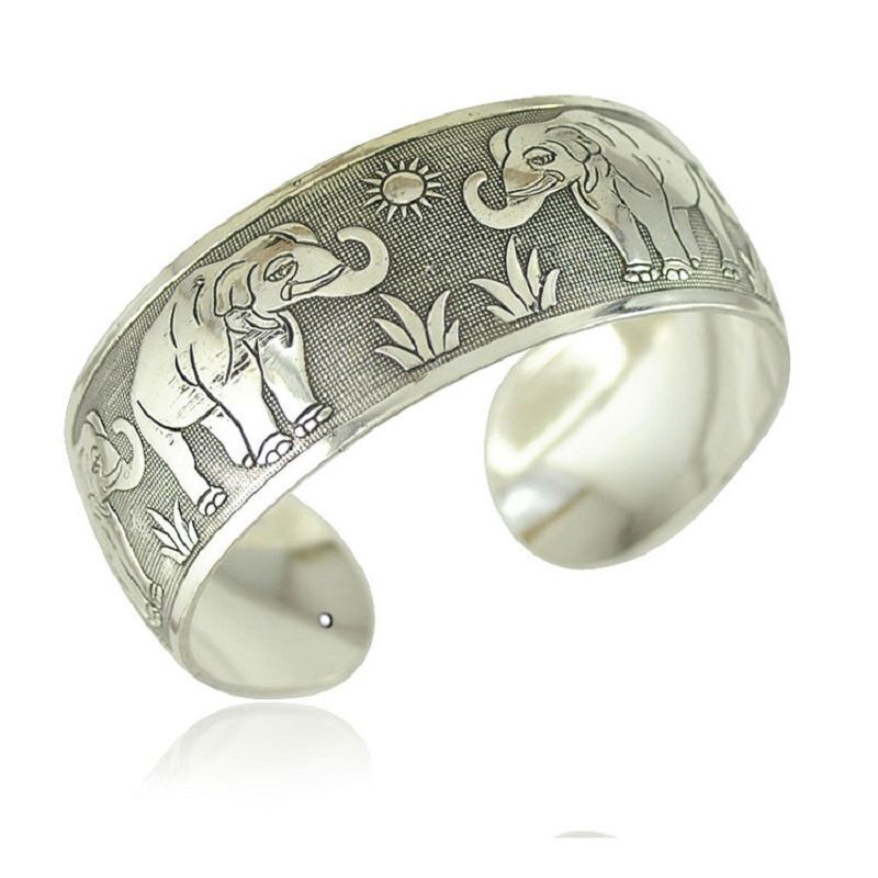 Women Fashion Bracelets Silver Plated Carved Flower Vintage Cuff Tibetan Bangles