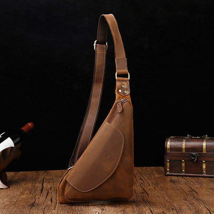 Crazy Horse Leather Men's Sling Crossbody Chest Bag Shoulder BagTriangle Daypack