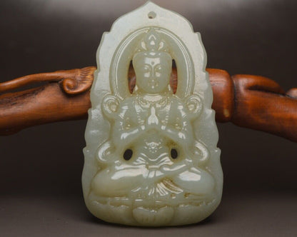 Chinese Natural Hetian Jade Carving Kwan Yin Statue Lucky Jade Pendant Amulets