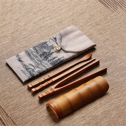 Cotton Linen Storage Bag Set Kung Fu Tea Set Bag Bamboo Tea Clip Accessories