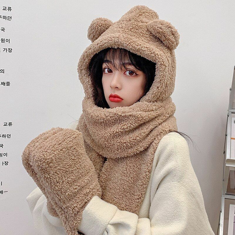 Women Fluffy Scarf Hat Gloves Set Warm 3In1 Hooded Cartoon Bear Cute Ears Winter