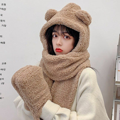 Women Fluffy Scarf Hat Gloves Set Warm 3In1 Hooded Cartoon Bear Cute Ears Winter