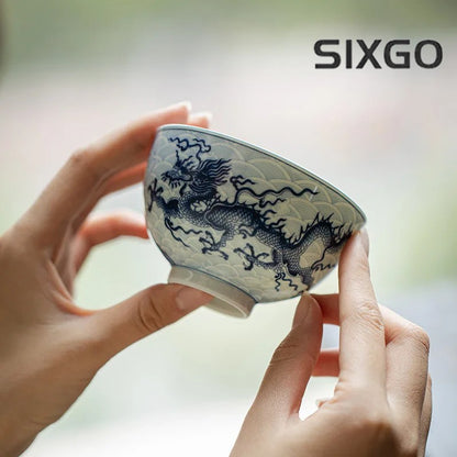 165ml Chinese Blue-and-White Porcelain KungFu Tea Bowl Dragon Pattern Teaware