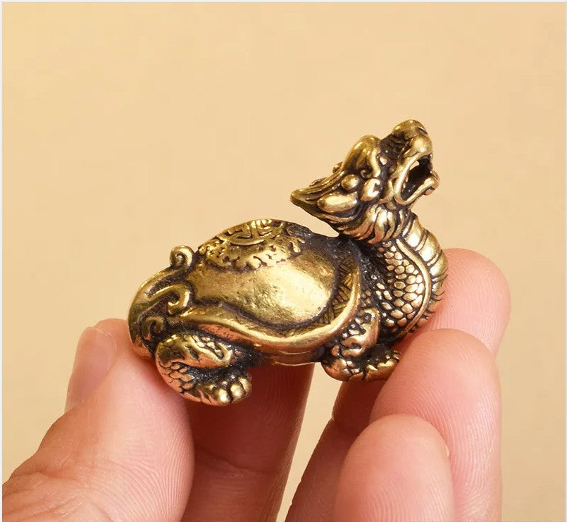 Chinese Copper Brass Dragon Turtle Small Fengshui Statue Tea Pet Lucky Ornament