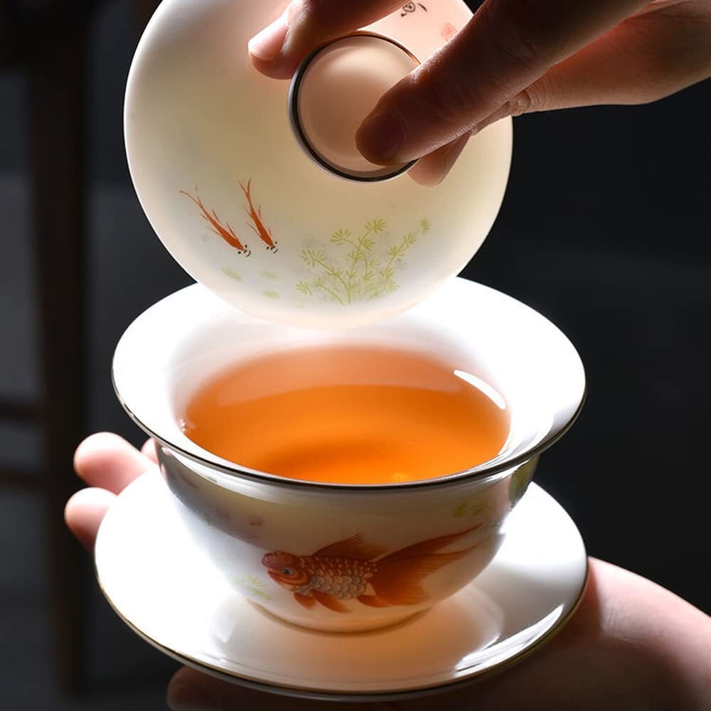 185ml Hand Painted Koi Pattern Gaiwan Teacup Bowl Kung Fu Tea Set Tureen