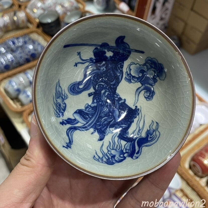 3.7" Chinese Jingdezhen Blue and White Porcelain Handsome Monkey King Cup