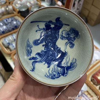 3.7" Chinese Jingdezhen Blue and White Porcelain Handsome Monkey King Cup