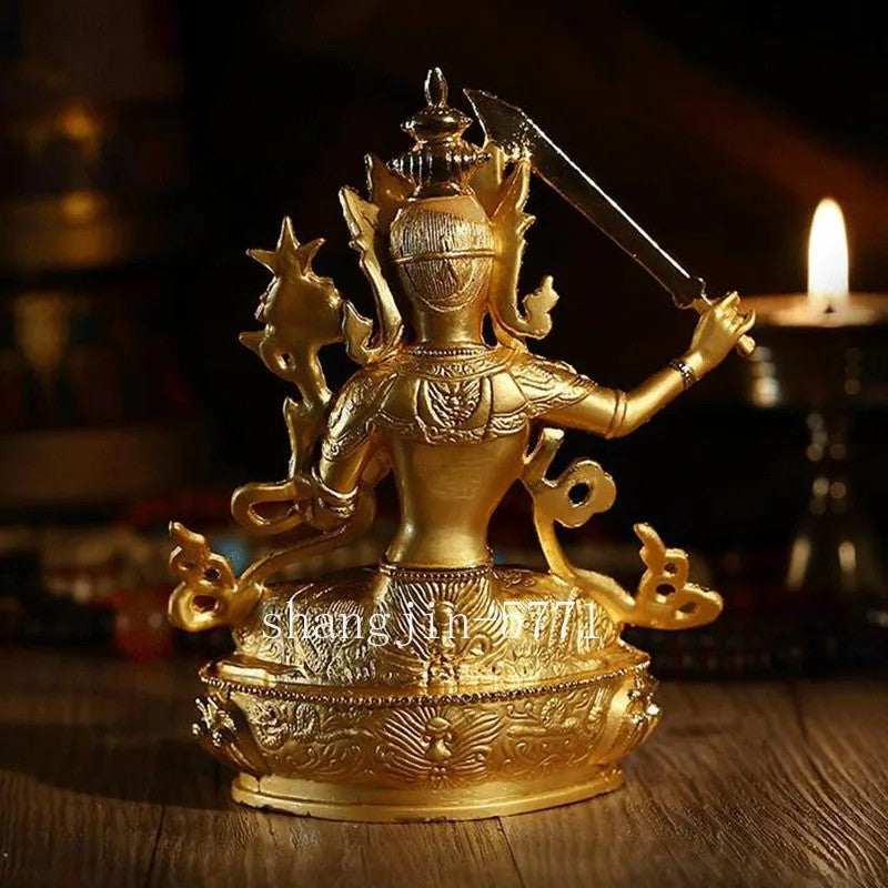 14.5cm Exquisite Alloy Gilt Manjushri Buddha Statue Tibetan Handcarved Ornament