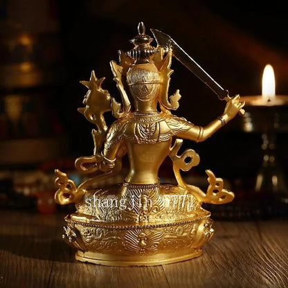 14.5cm Exquisite Alloy Gilt Manjushri Buddha Statue Tibetan Handcarved Ornament