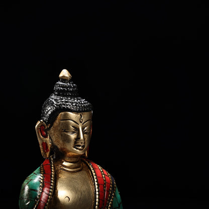 4.8" Old China Antique Pure Copper Inlay Gem Color Painting Buddha Statue