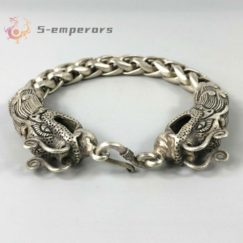 Chinese Rare Collectible Tibet Silver Handwork Dragon Amulet Bracelet Exquisite
