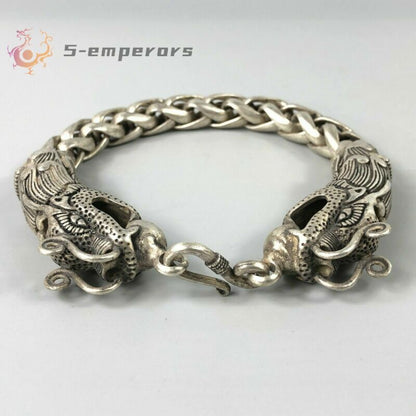 Chinese Rare Collectible Tibet Silver Handwork Dragon Amulet Bracelet Exquisite