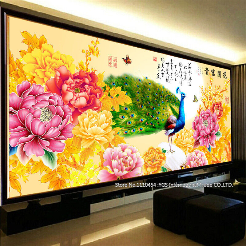 DIY 5D Peacock Peony Flowers Round Diamond Painting Kits Cross Stitch Home Decor