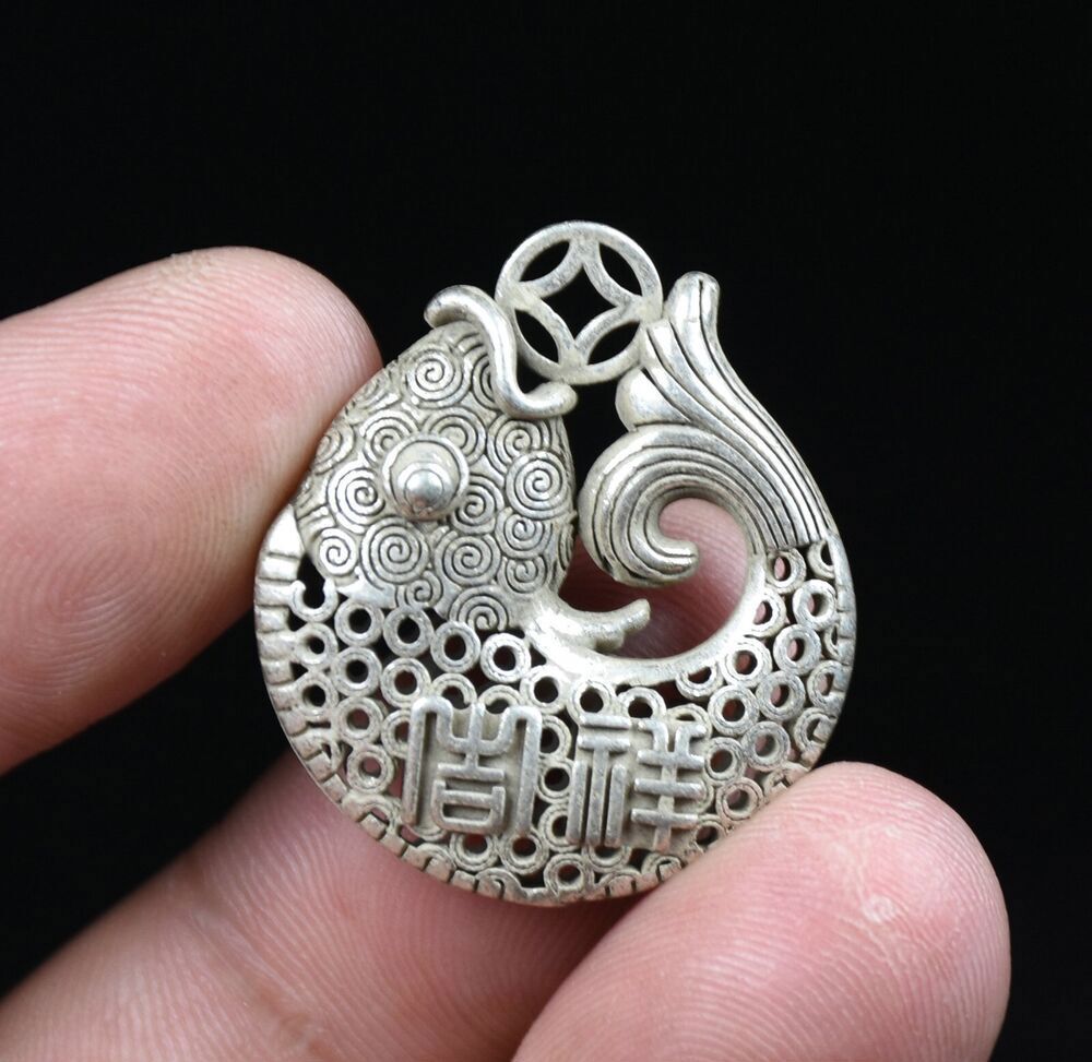 Rare Chinese Miao Silver Feng Shui Hollow Fish Goldfish Money Coin Luck Pendant