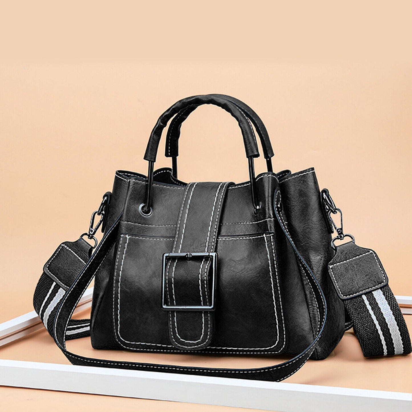 Women's Leather Organizer Purse Shoulder Bag Multiple Pockets Cross Body Handbag