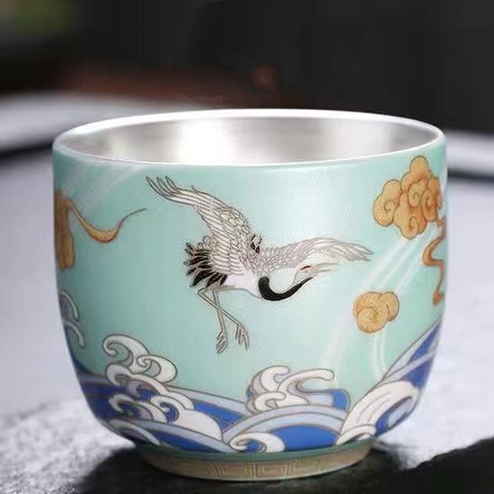 Ceramic Tea Cup Sterling Silver Master Cup Crane Print Chinese Kungfu Cup Of Tea