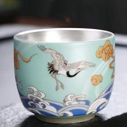 Ceramic Tea Cup Sterling Silver Master Cup Crane Print Chinese Kungfu Cup Of Tea