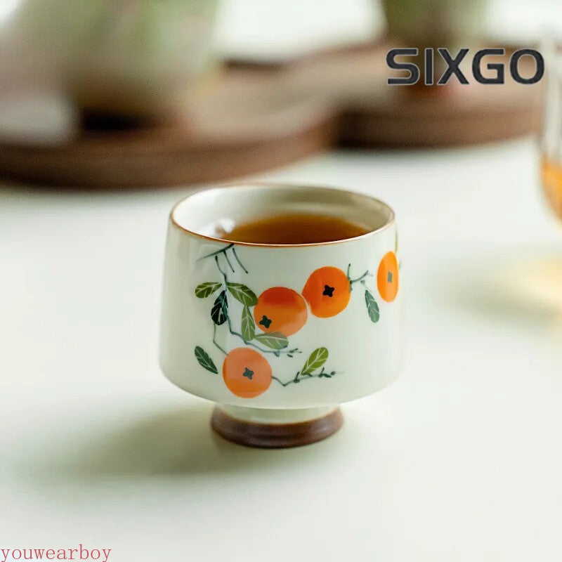 Grass Ash Teacups Hand Painted Persimmon Tea Cup Puer Cup for Tea High Foot