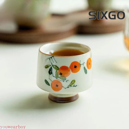 Grass Ash Teacups Hand Painted Persimmon Tea Cup Puer Cup for Tea High Foot