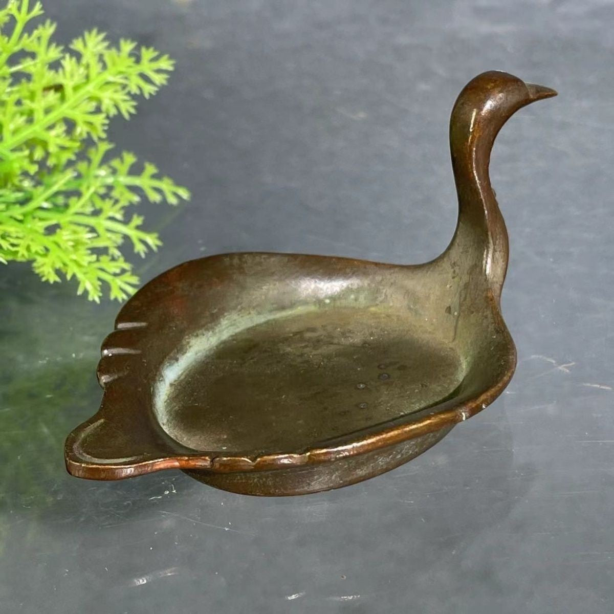 Antique Bronze Swan Brush Washer Incense Burner Tea Table Decor Dish
