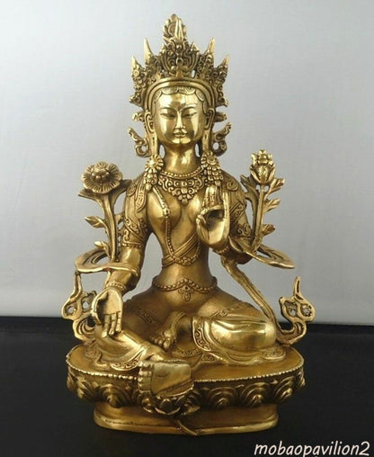 Old Tibetan Buddhism Bronze Green Tara Temple Angel God Kwan-yin Buddha Statue