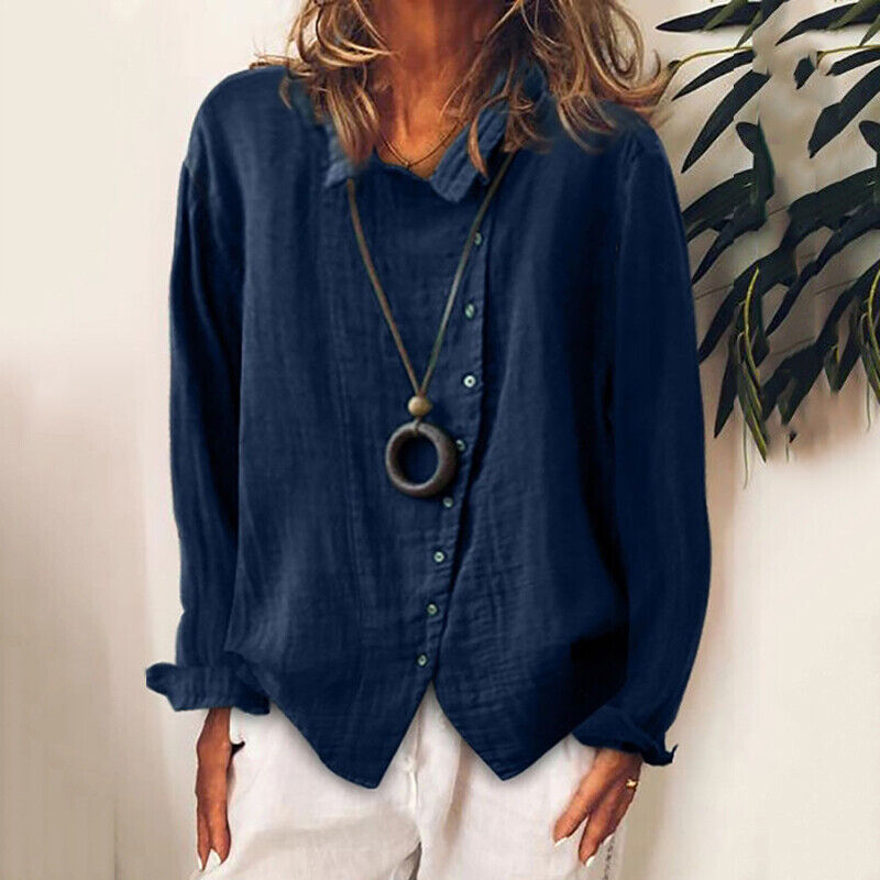 Women Cotton Linen Plain Blouse Tops Baggy Long Sleeve Casual Loose T-Shirt
