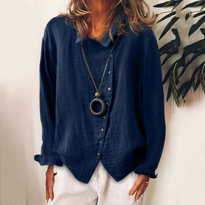 Women Cotton Linen Plain Blouse Tops Baggy Long Sleeve Casual Loose T-Shirt