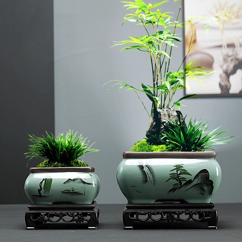Bonsai Pot 4" Square Chinese Art Glazed High Quality Teal Ceramic Planter small