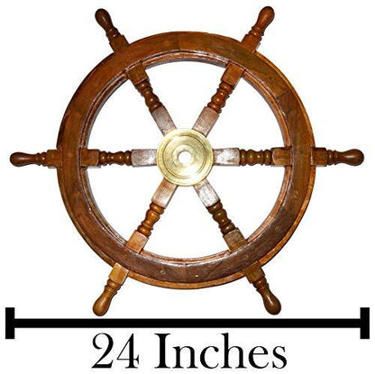 24" Wooden Ship Wheel Wall Decor w\ Brass Center Hub, 0.85" hole for hanging