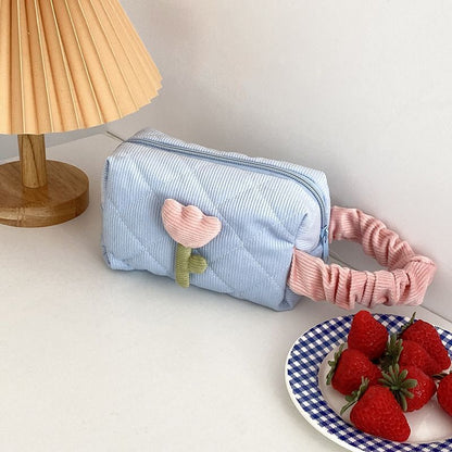 Flowers Print Pouch Large Travel Cosmetic Bag Corduroy Toiletry Bags Storage Box