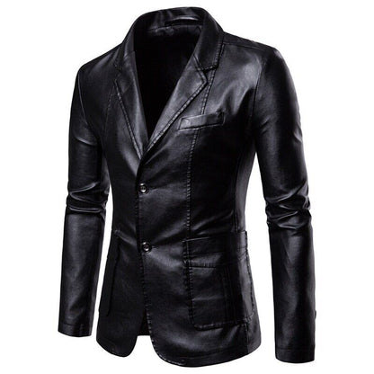 2022 Men's Lapel Leather Dress Suit Coat / Male Business Pu Jacket