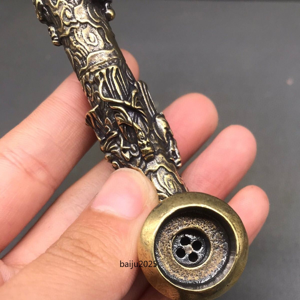 chinese antique old copper hand carved Eight immortals statue pipe smoking tool