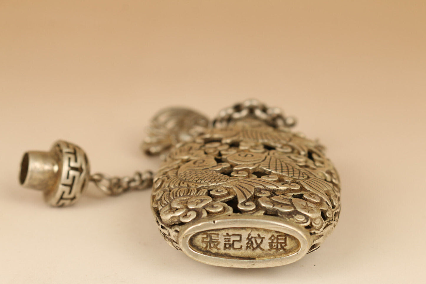 old tibetan silver hand carved hollow out fish lotus statue snuff bottle pendant