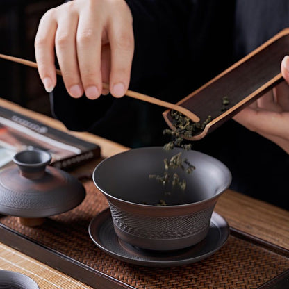 Handmade Purple Pottery Cover Bowl Embossed Bowl Cup Tea Bowl Kung Fu Bowl