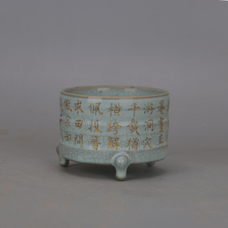 3.5 inch Chinese Song Porcelain Ru Kiln Celeste Glazed Three Foot Incense Burner -