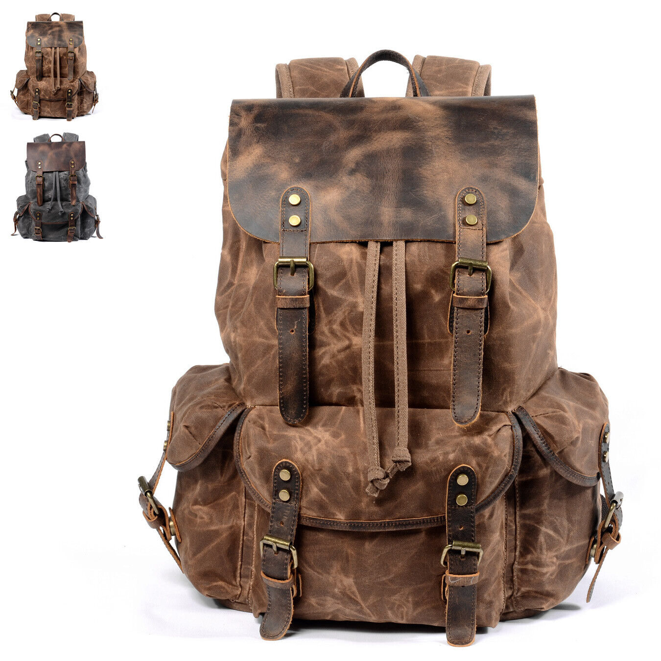 Water Resistant Wax Canvas Real Leather Flap Drawstring Backpack Day bag Travel
