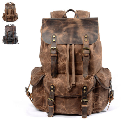 Water Resistant Wax Canvas Real Leather Flap Drawstring Backpack Day bag Travel