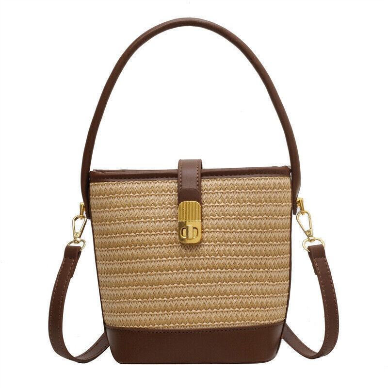 Straw Woven Bucket Shoulder Bags PU Leather Summer Fashion Designer BeachHandbag