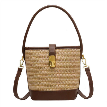 Straw Woven Bucket Shoulder Bags PU Leather Summer Fashion Designer BeachHandbag