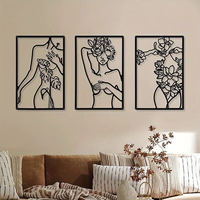 3pc Minimalist Abstract Woman Wall Art - Metal Line Drawing Home Decor