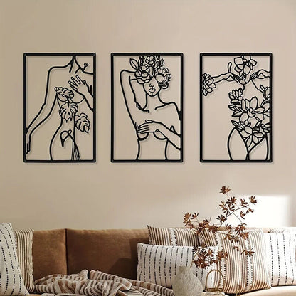 3pc Minimalist Abstract Woman Wall Art - Metal Line Drawing Home Decor